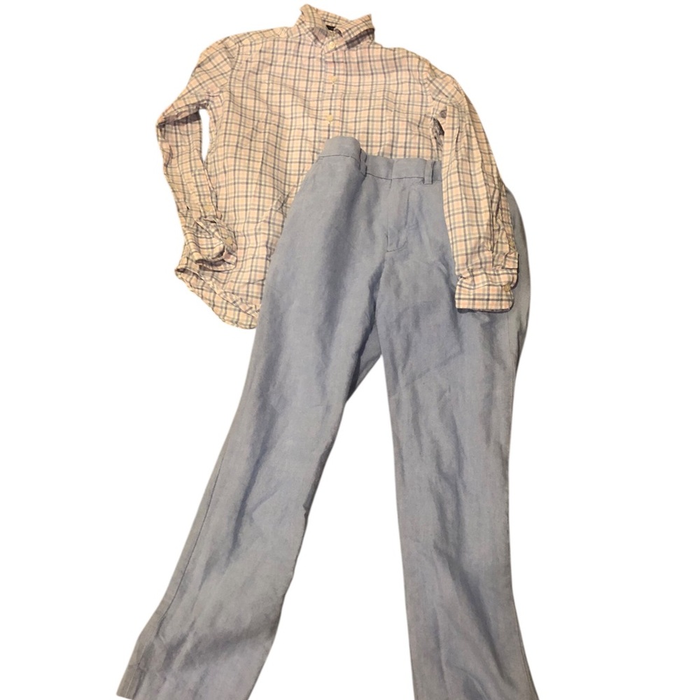 Crewcuts Size 10 Light Blue Dress Pants & Pastel Plaid Button Up Shirt Outfit